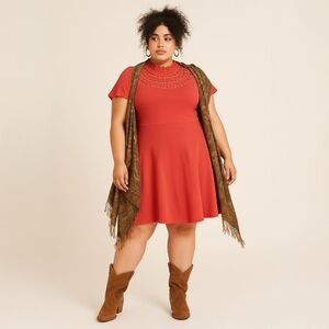 Eliza J Red Studded Mock Neck Fit & Flare Dress — 2X